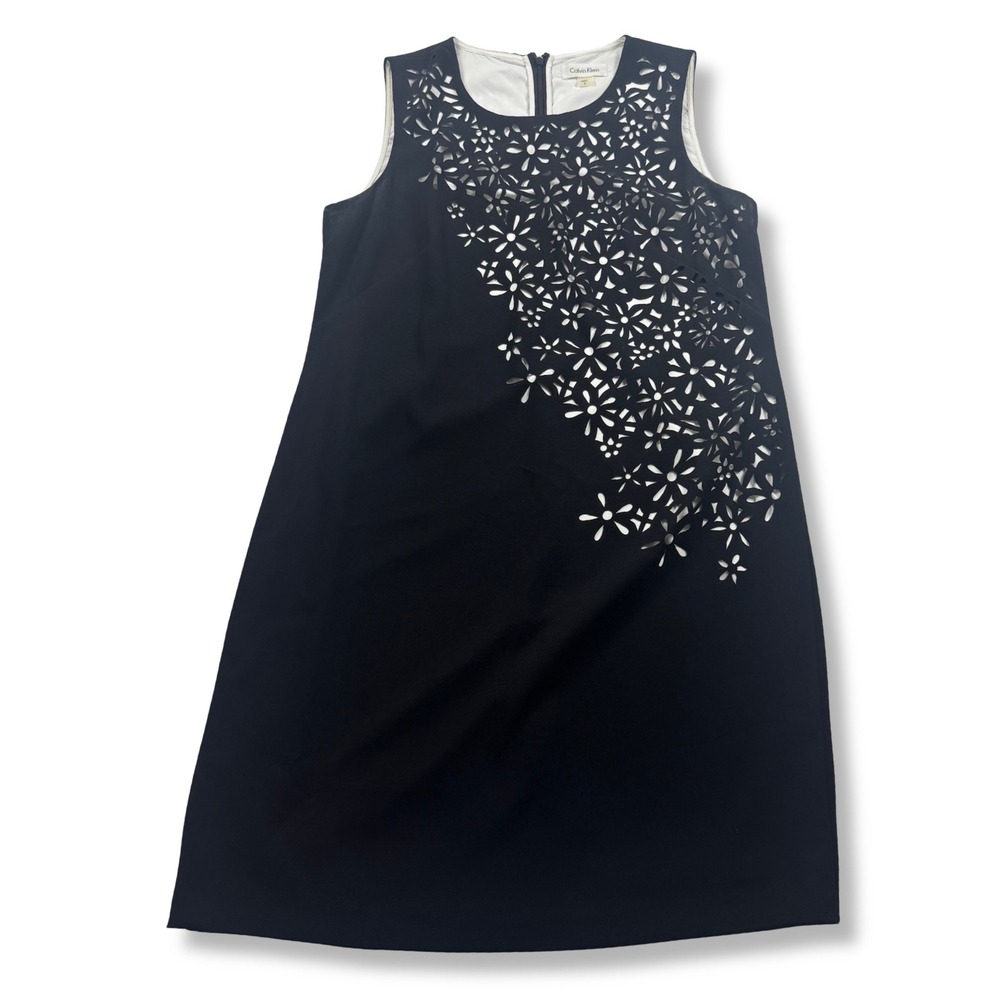 Calvin Klein Dress Floral Laser Cut Sleeveless Shift Career Black Women 8